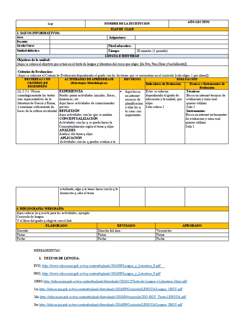 Ejemplo de Plan de Clase para Lengua | PDF | Plan de estudios | Evaluación