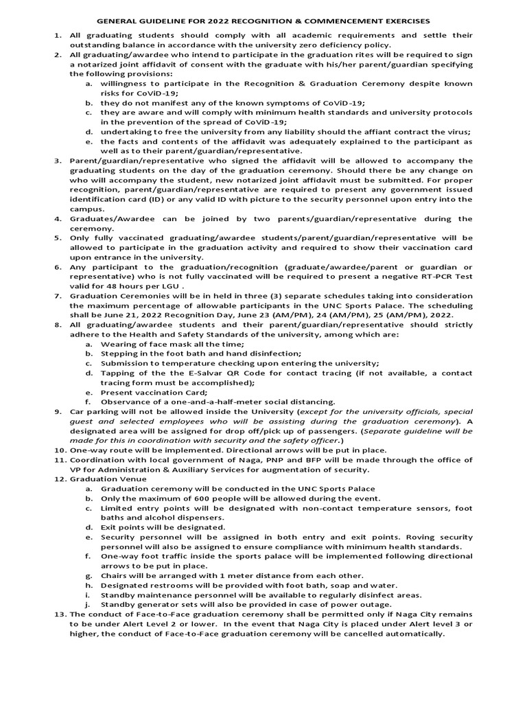 2022 Graduation Ceremony Guidelines | PDF | Affidavit | Health Sciences