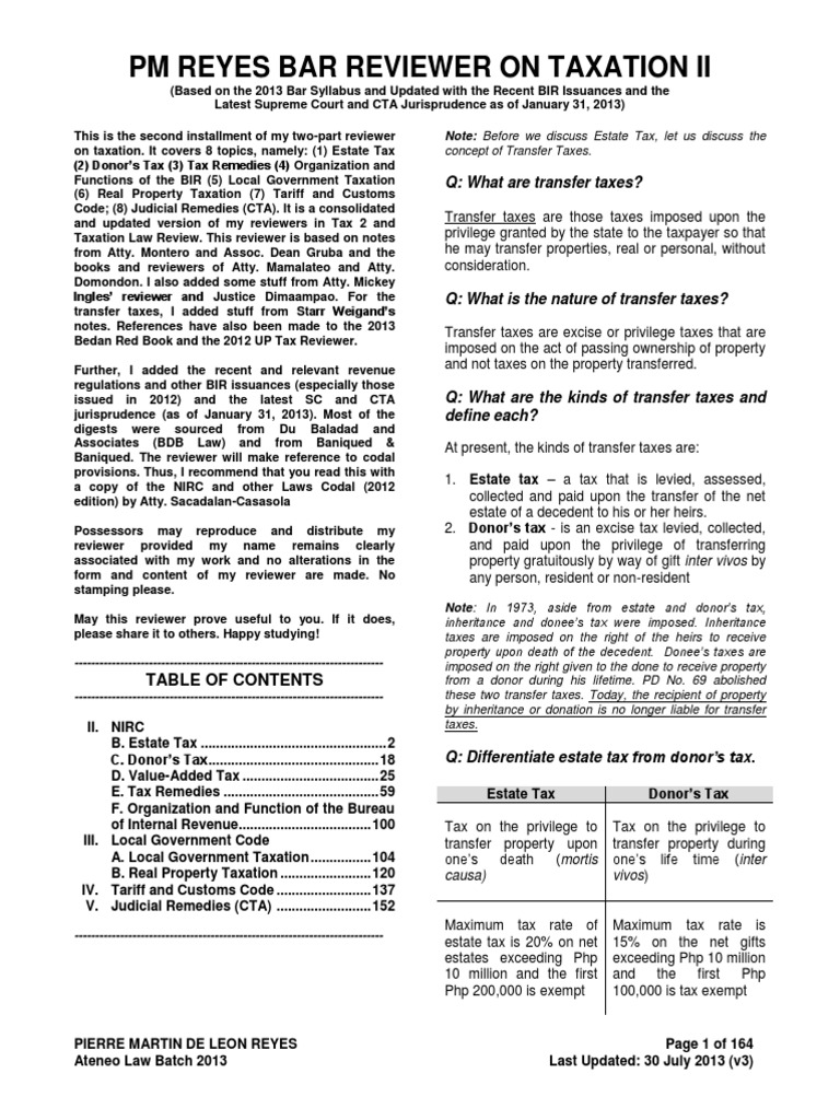 Reyes Taxation2 Reviewer | PDF | Estate Tax In The United States ...