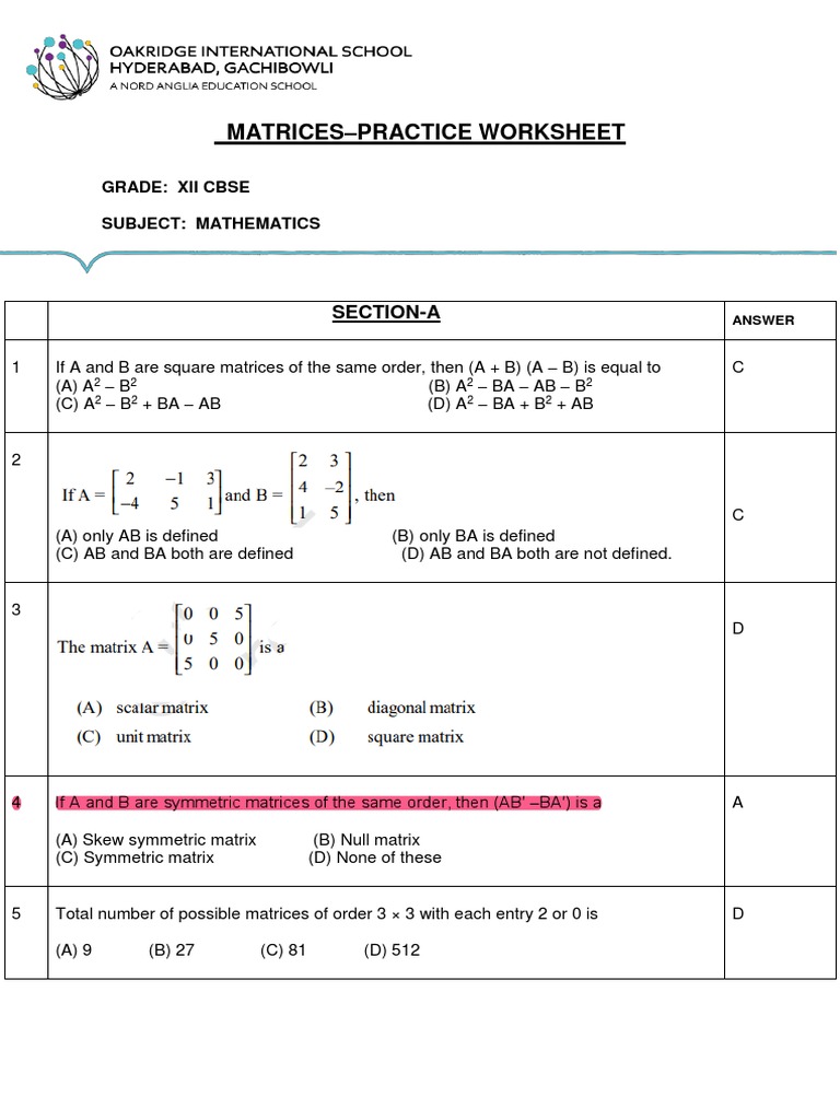 Oisg - Cbse GR12 - Matrices | PDF | Matrix (Mathematics) | Mathematical ...