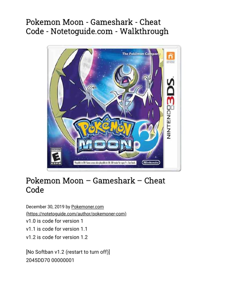 Pokemon Moon - Gameshark - Cheat Code - Notetoguide - Com - Walkth