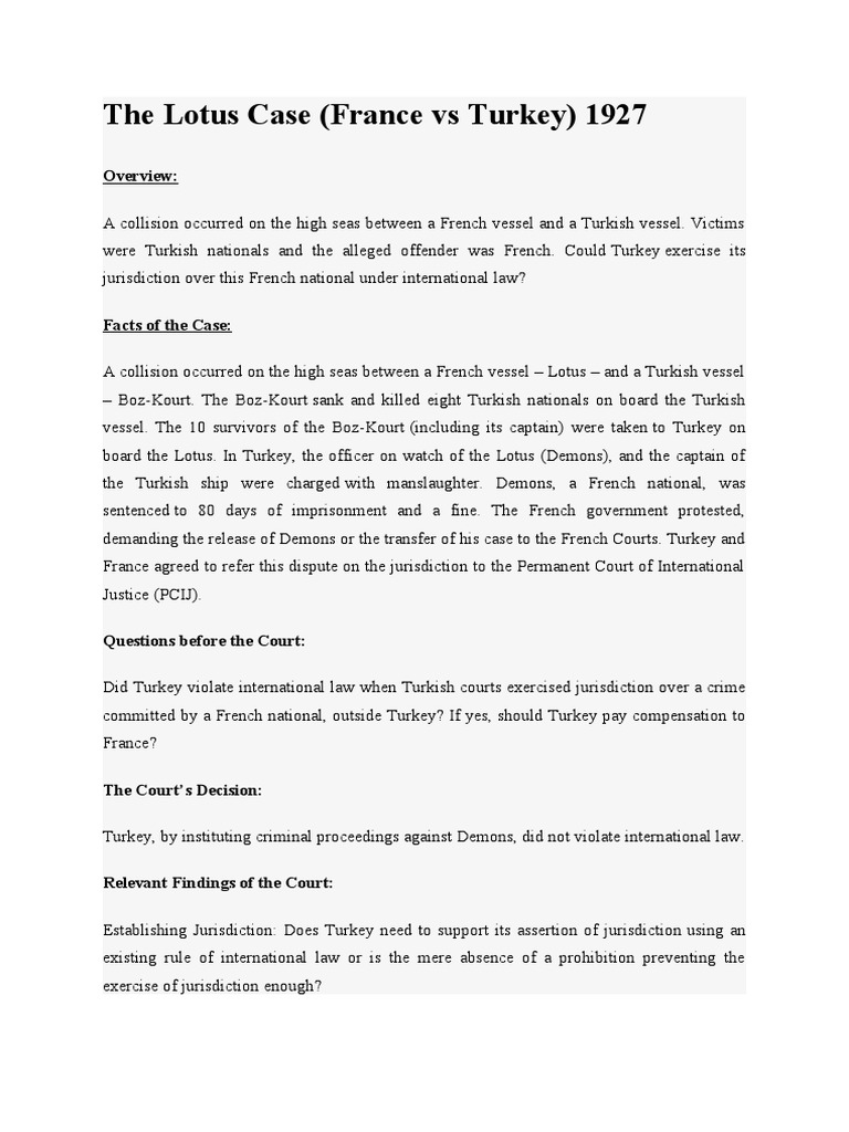 The Lotus Case (France Vs Turkey) 1927 Overview PDF Jurisdiction
