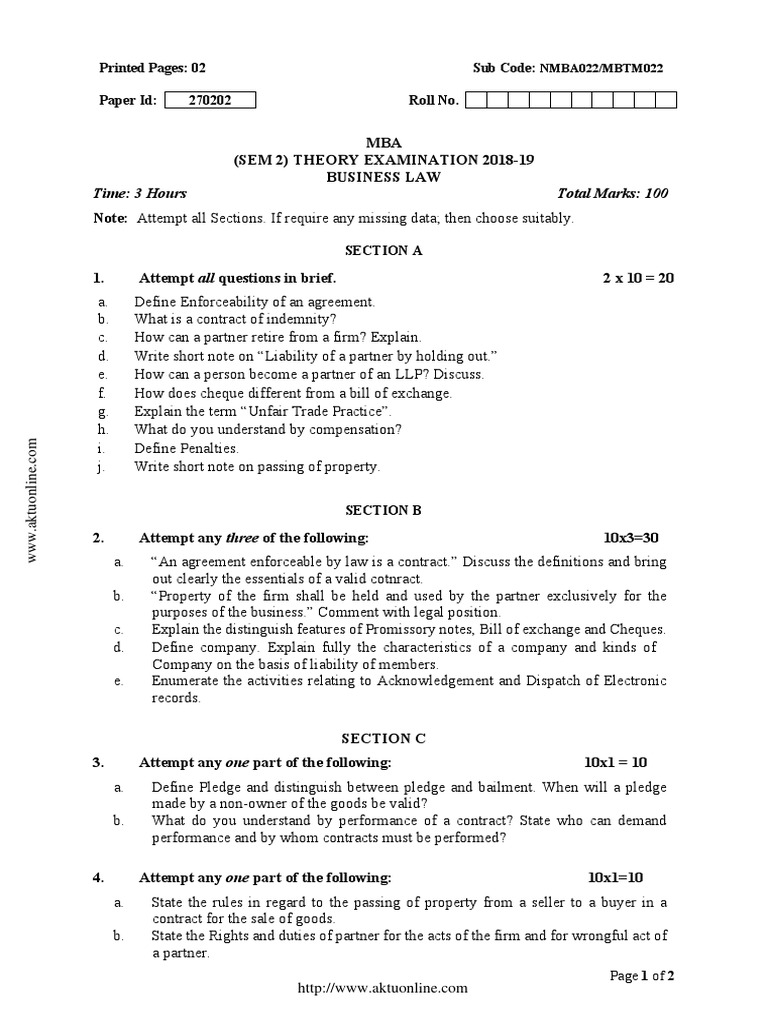 MBA Business Law Exam Paper 2018-19 | PDF | Negotiable Instrument ...