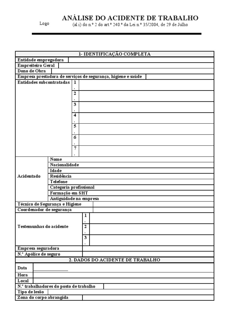 Relatorio De Acidente De Trabalho Modelo Pdf Direito