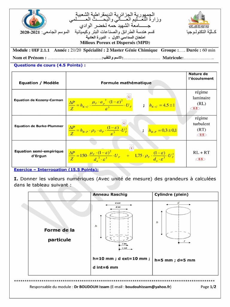 Corrigé Type MPD 2 Master Génie Chimique Variante 2 | PDF
