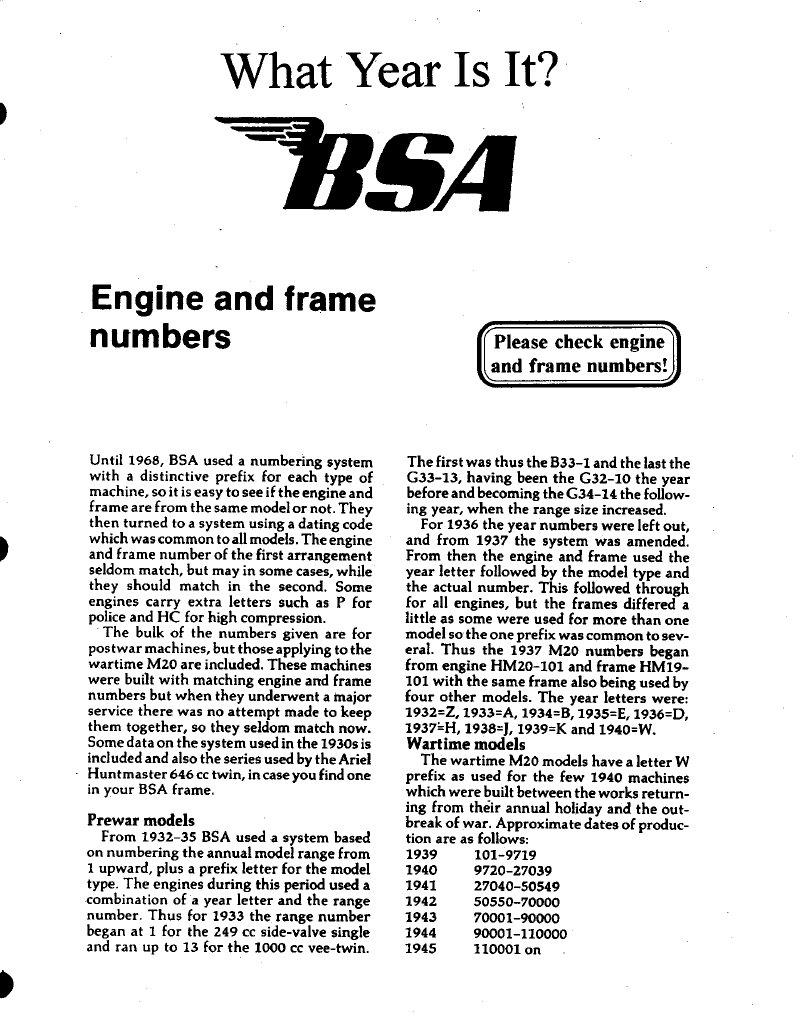 BSA Engine and Frame Number Guide | PDF