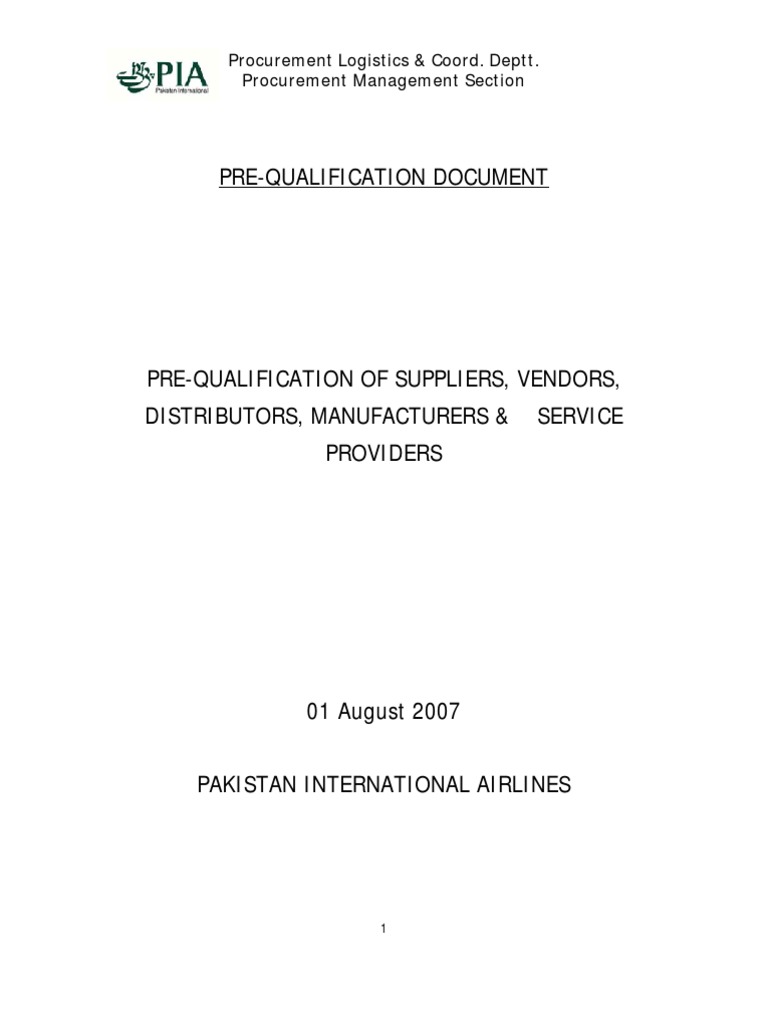 PIA Supplier Pre-Qualification Guide | PDF | Procurement | Revenue