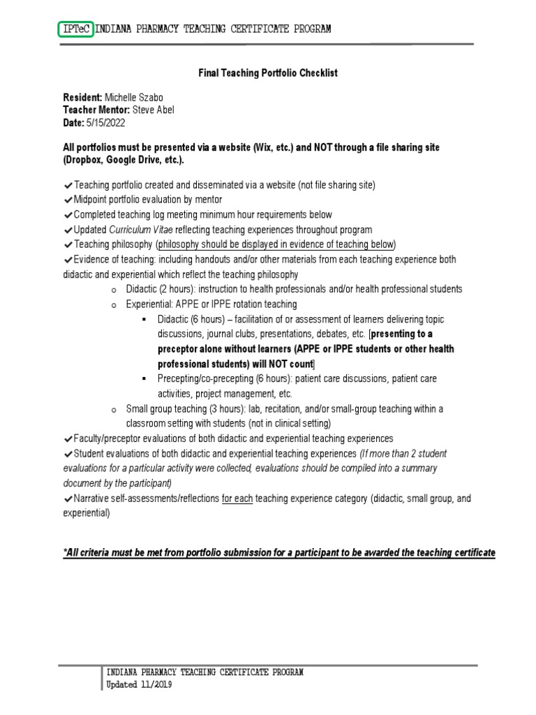 Teaching Portfolio Requirements Check List | PDF | Career & Growth