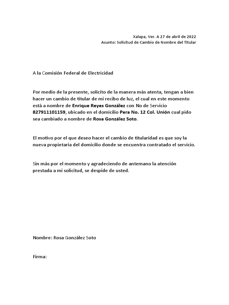 Modelo de Carta de Solicitud de Cambio de Nombre de Titular | PDF
