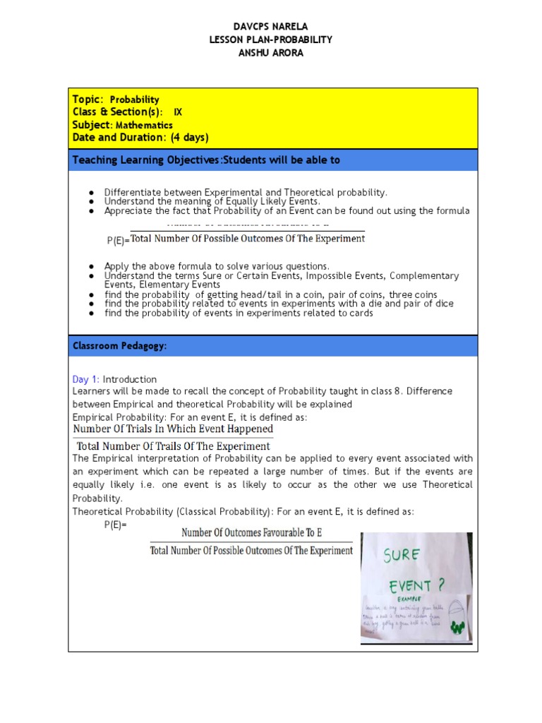 Grade 9 Probability Lesson Plan | PDF | Probability | Experiment