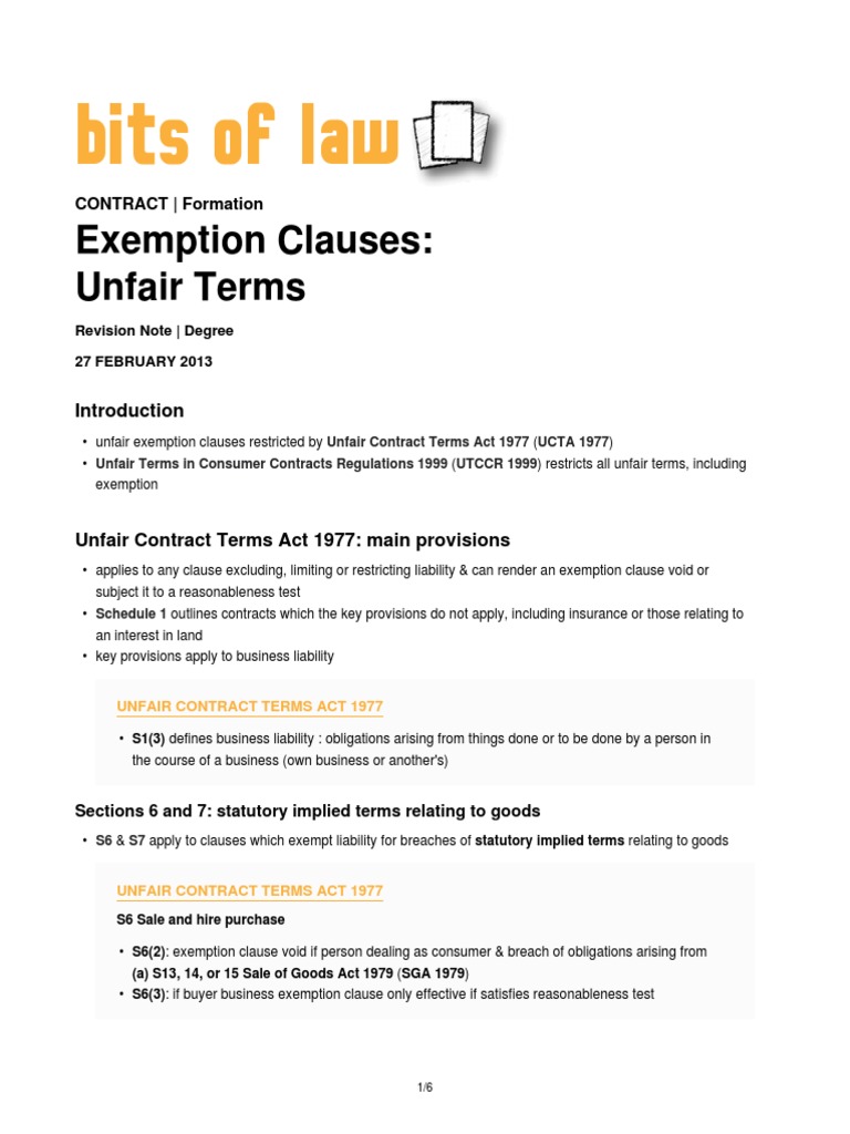 Exemption Clauses Unfair Terms PDF Reasonable Person Contractual Term