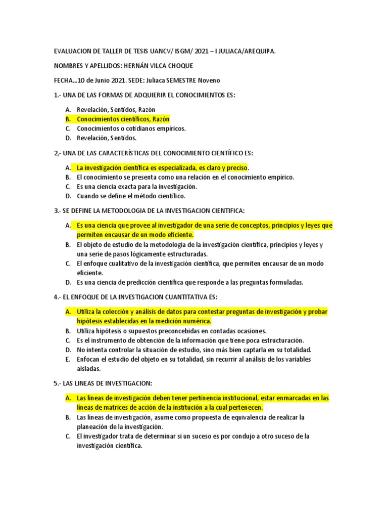 Evaluacion De Taller De Tesis Uancv PDF