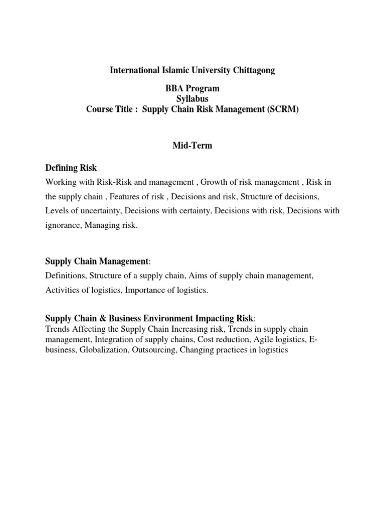 Syllabus of Supply Chain Risk Management | PDF | Finance & Money ...