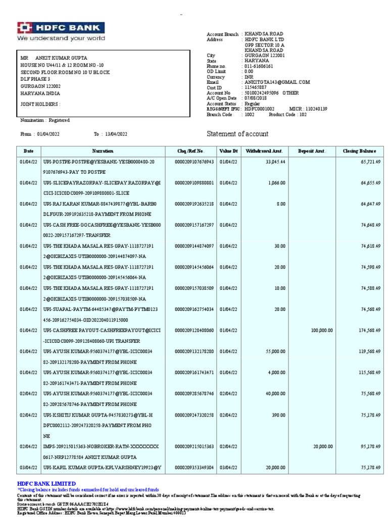 HDFC Bank Account Statement Summary | PDF | Money | Financial Services