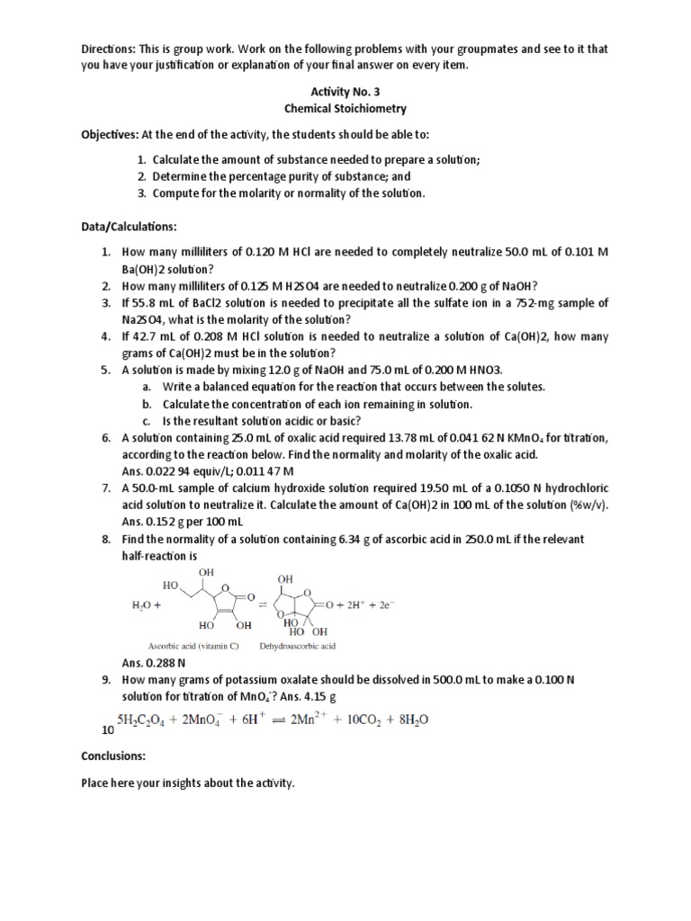 Lab 3 Chemical Stoichiometry | PDF