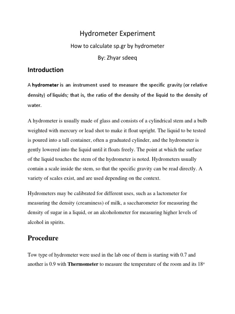 Hydrometer Experiment 1 PDF Mass Transparent Materials