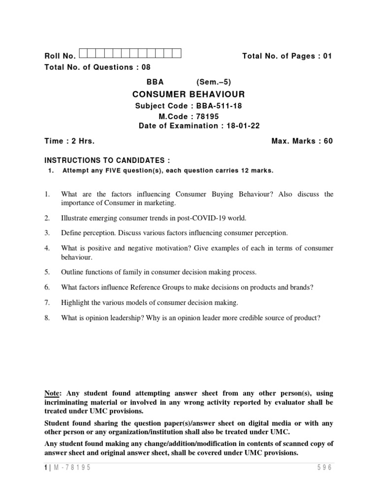 BBA Consumer Behaviour Exam Questions | PDF