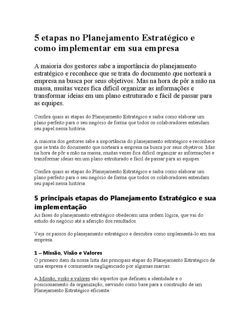 5 Etapas do Planejamento Estratégico | PDF | Indicador de desempenho ...