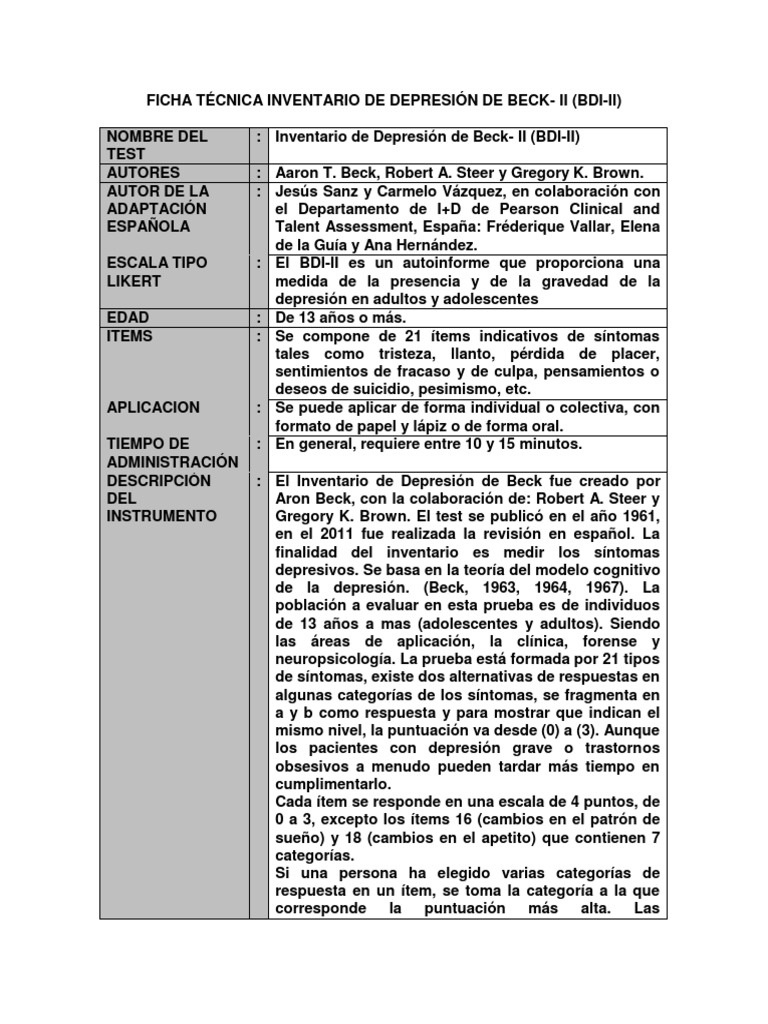 Ficha Técnica Depresion Beck Bdi Ii | PDF | Validez (Estadísticas ...