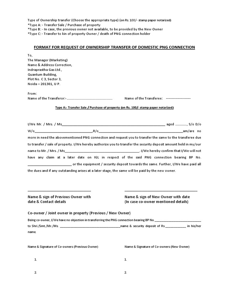 Format For Request of Ownership Transfer of Domestic PNG Connection ...