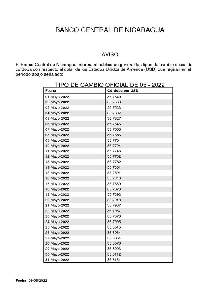 Banco Central de Nicaragua Tipo de Cambio Oficial de 05 2022 PDF