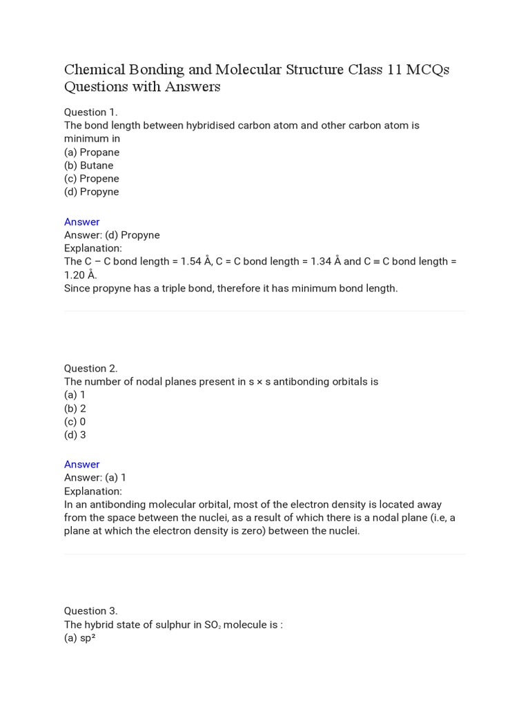 Chemical Bonding and Molecular Structure Class 11 MCQs Questions With