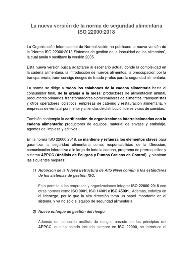 Nueva Norma ISO 22000:2018 en Seguridad Alimentaria | PDF | Análisis de ...
