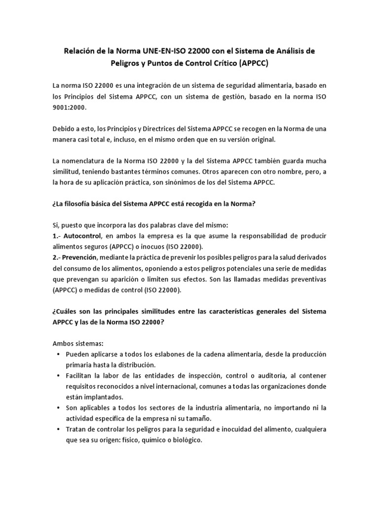 Relación entre ISO 22000 y APPCC | PDF | Análisis de Riesgo y Puntos ...