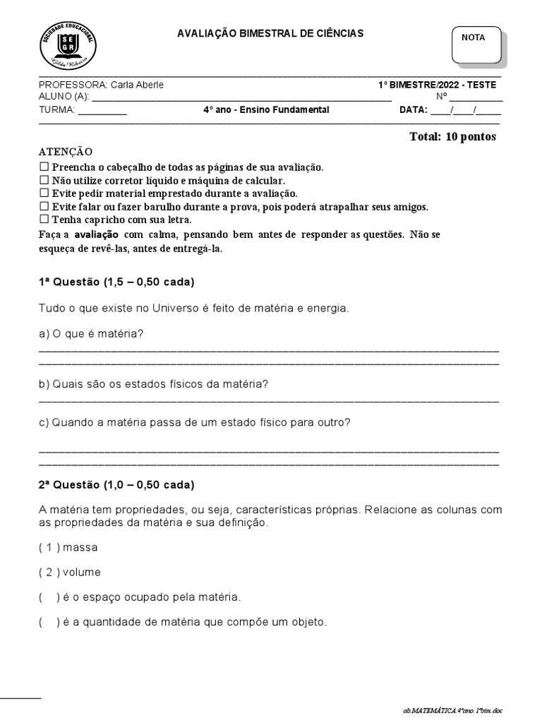Avaliação de Ciências 4º Ano - 1º Bimestre | PDF | Matéria | Ciências ...