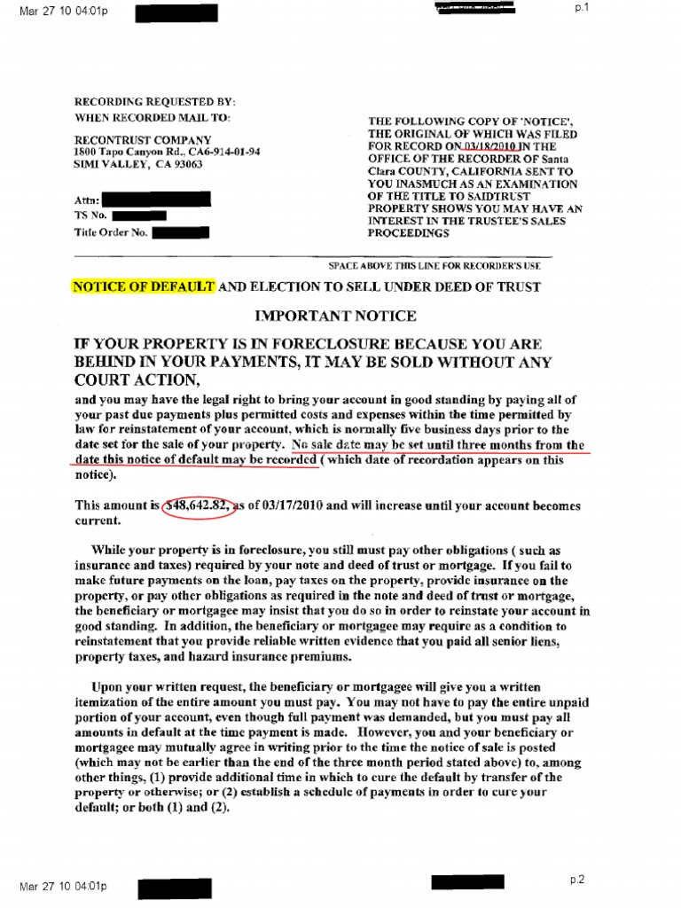 Sample NOD | Mortgage Law | Deed Of Trust (Real Estate)