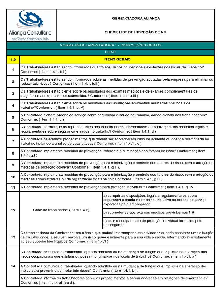 Checklist de inspeção da Norma Regulamentadora 1: Disposições Gerais da ...