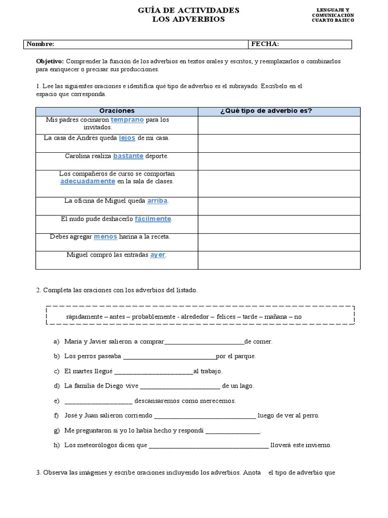 Guía de Adverbios para Cuarto Básico | PDF | Adverbio