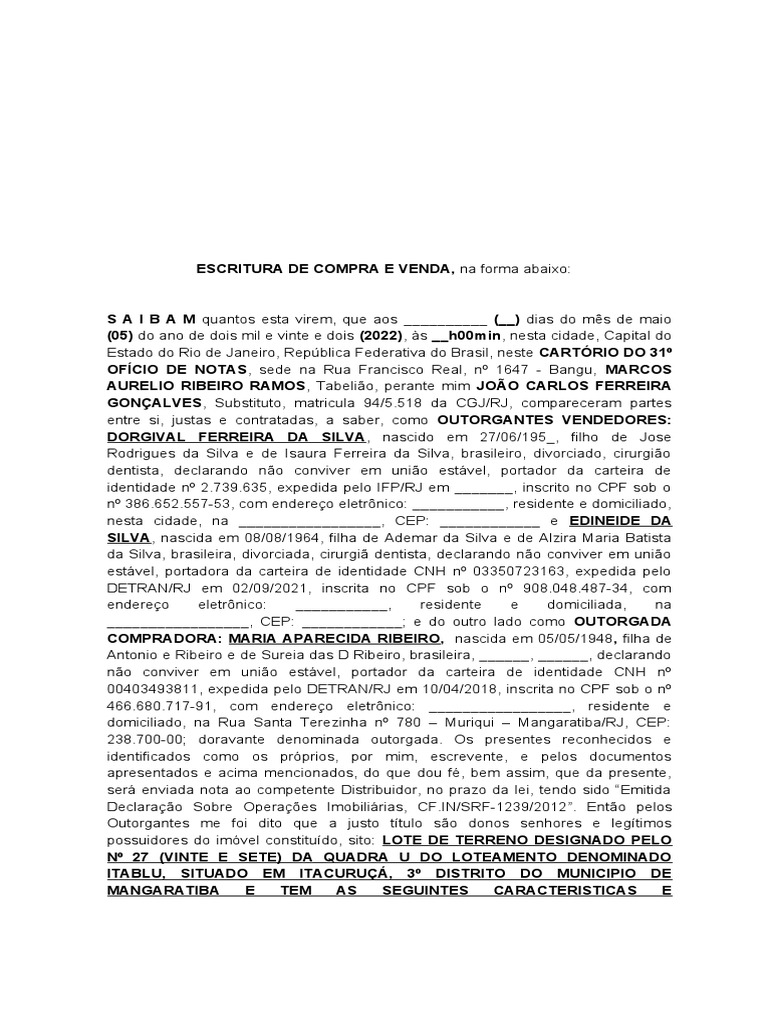 Escritura de Compra e Venda - Pedro Corretor | PDF