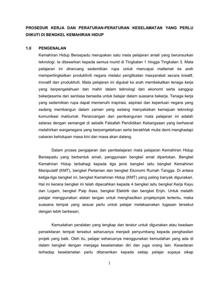 Prosedur Kerja Dan Peraturan Keselamatan Di Bengkel Kemahiran Hidup Pdf