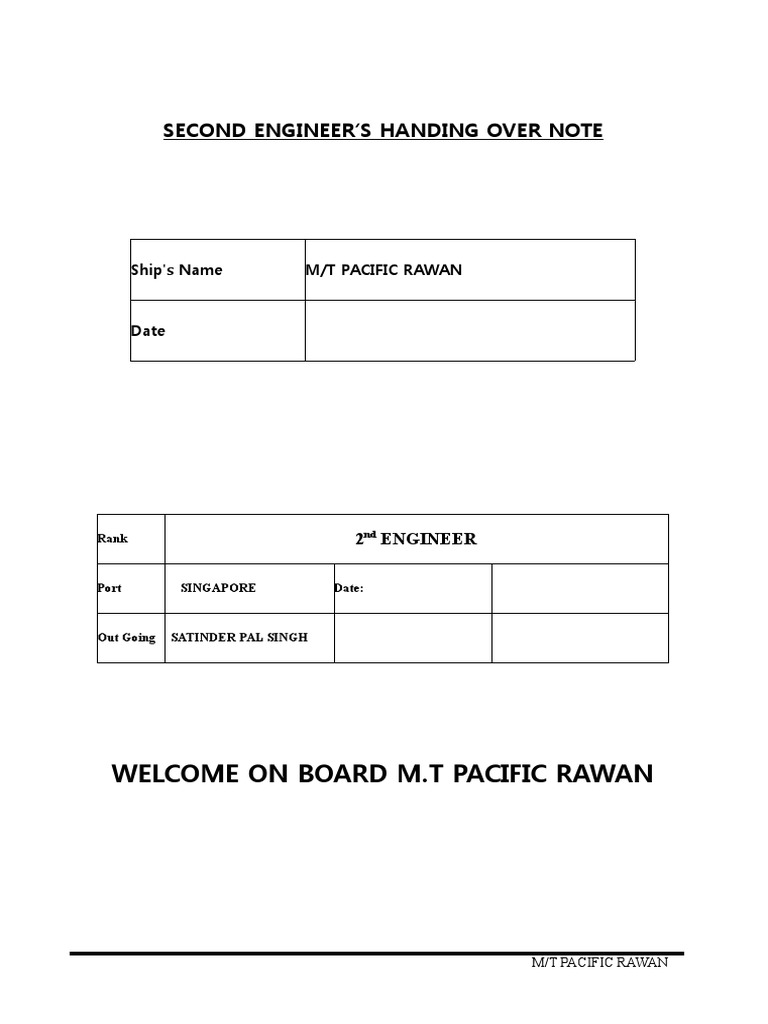 Second Engineer Handover Note: M/T Pacific Rawan | PDF | Boiler | Pump