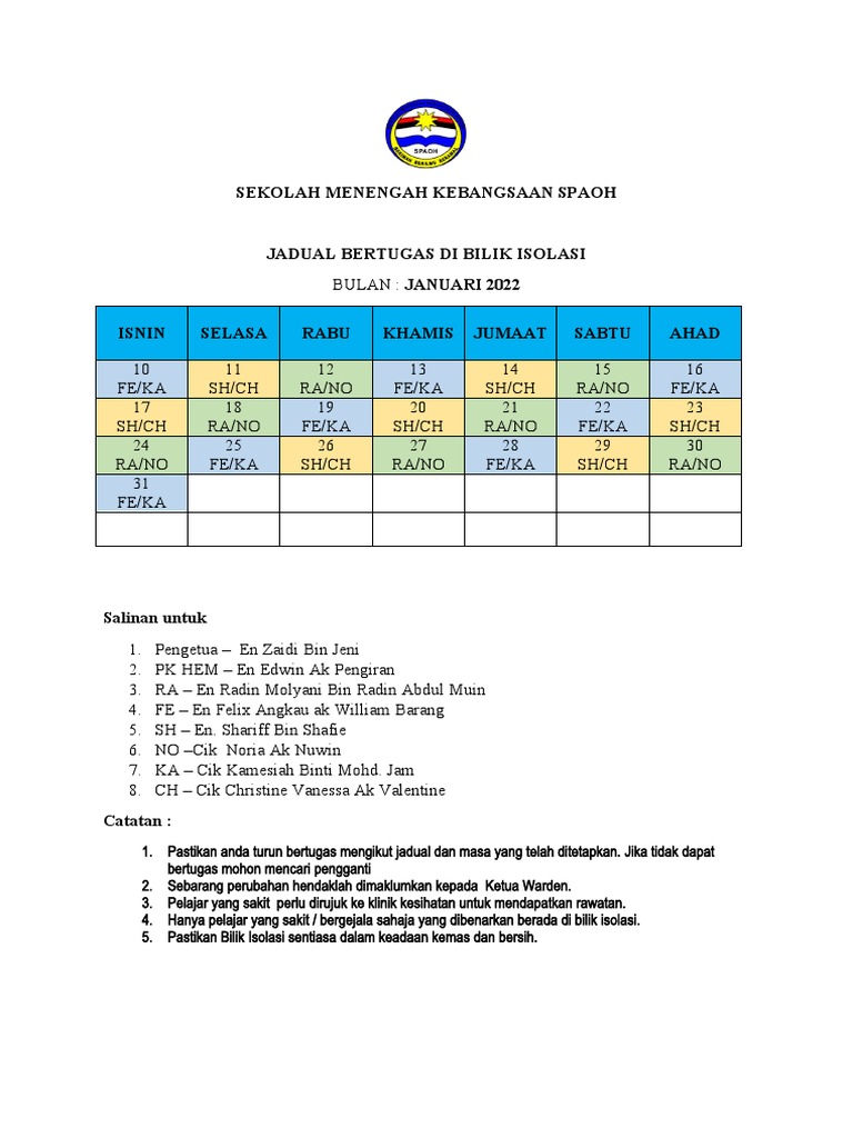 Jadual Bertugas Bilik Isolasi (Januari-2022) | PDF