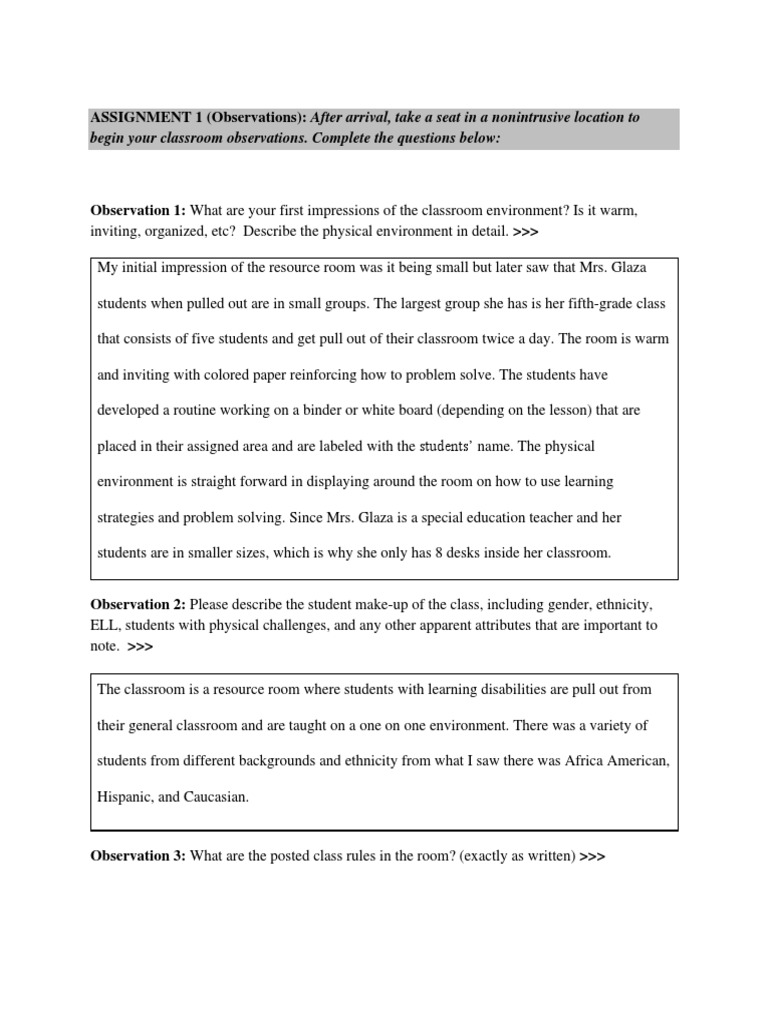 203 Assignment 1 Observations | PDF | Classroom | Special Education
