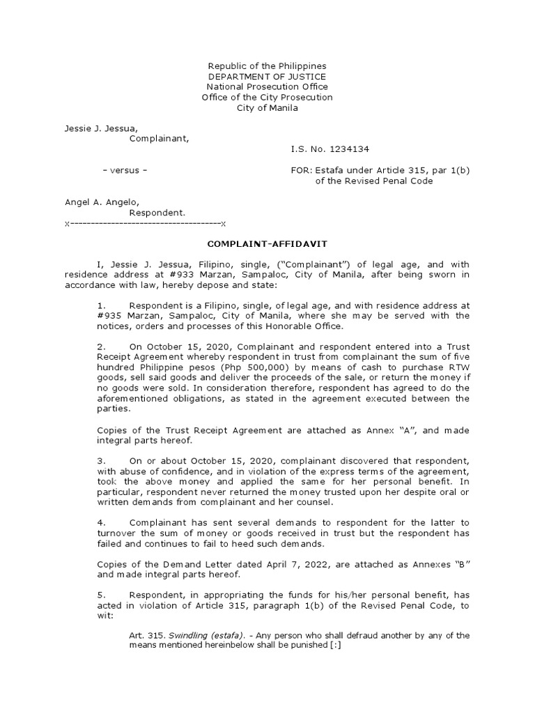 MyLegalWhiz Complaint Affidavit For Estafa by Means of Unfaithfulness