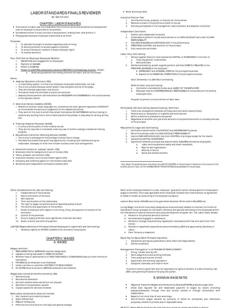 Labor Standards Finals Reviewer PDF Apprenticeship Independent