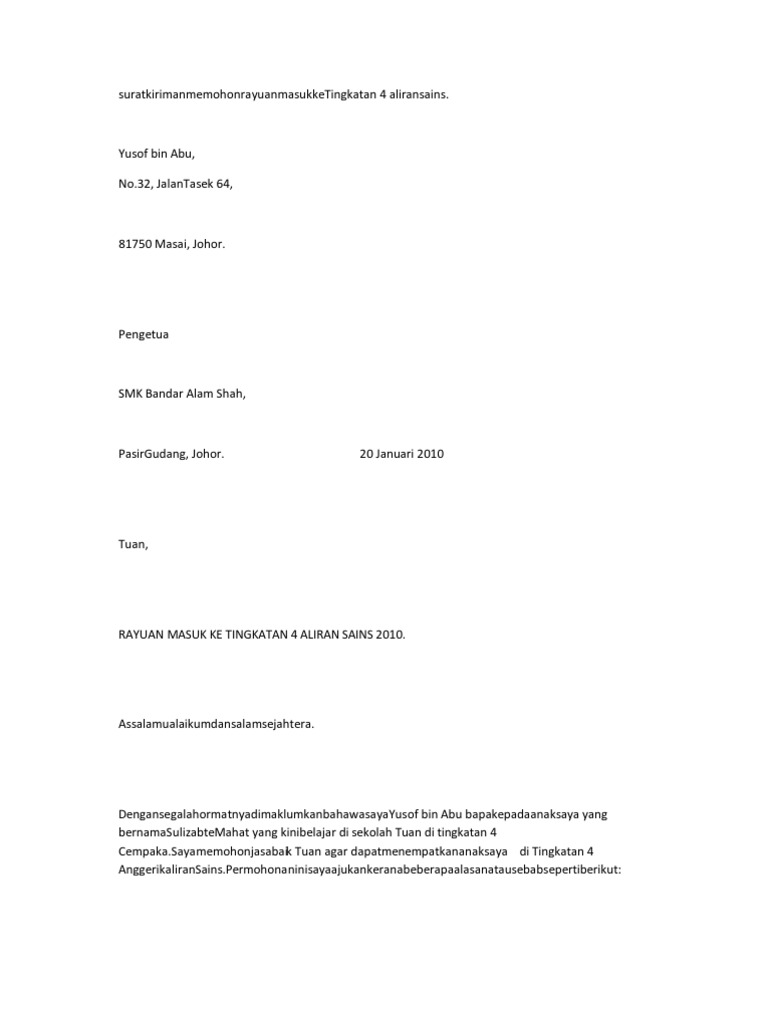 Format Surat Rasmi Pertukaran Kelas