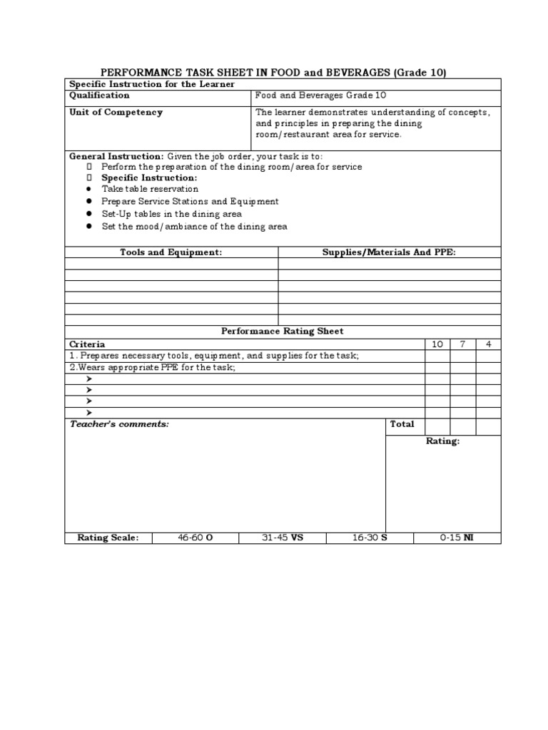 Grade 10 Food Service Task Sheet | PDF