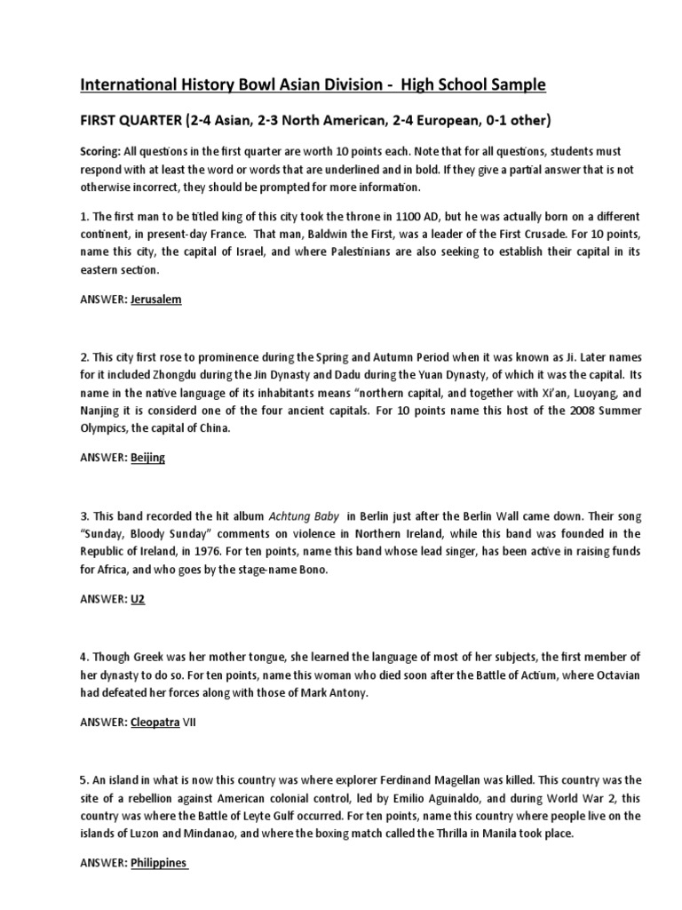 IHBB ASIA International History Bowl Sample Packet High School PDF