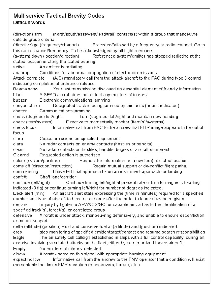Multiservice Tactical Brevity Codes Diff Words PDF Radar Aircraft
