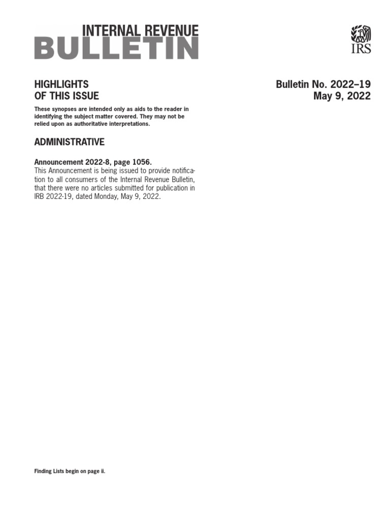Internal Revenue Bulletin 202219 PDF Internal Revenue Service Taxes