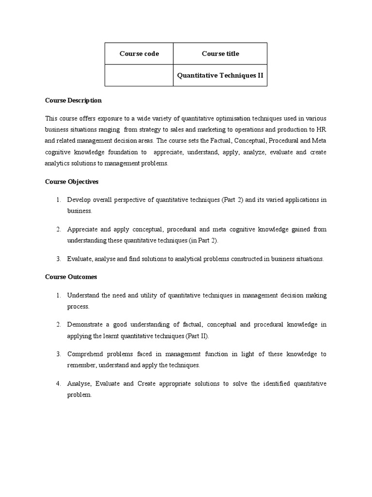 Quantitative Techniques II Course Outline | PDF | Linear Programming ...