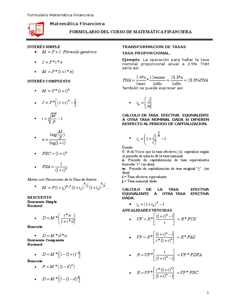 Formulario de Matemática Financiera | PDF | Finanzas Matemáticas ...
