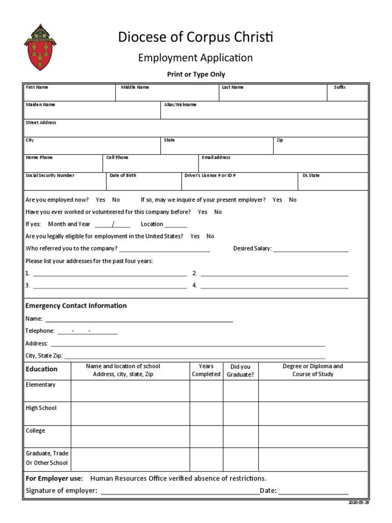 Diocese of Corpus Christi Employment Application PDF Background