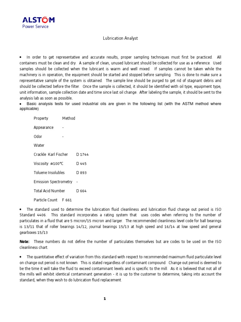 Alstom - Oil Analysis Guidelines | PDF | Lubricant | Bearing (Mechanical)