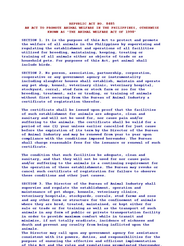 R.a. 8485 (the Animal Welfare Act of 1998) Animal Welfare