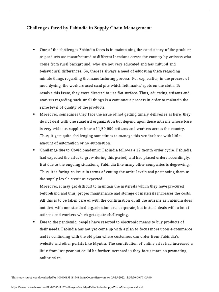 Fabindia's Supply Chain Challenges | PDF | Supply Chain | E Commerce